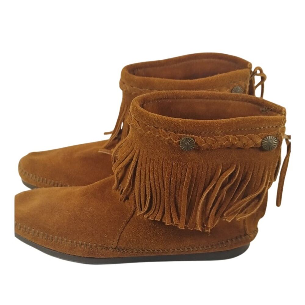Womens Minnetonka 8.5 Hi Top Back Zip Moccasin Boot Brown Suede Fringe Style 292 - Picture 3 of 13
